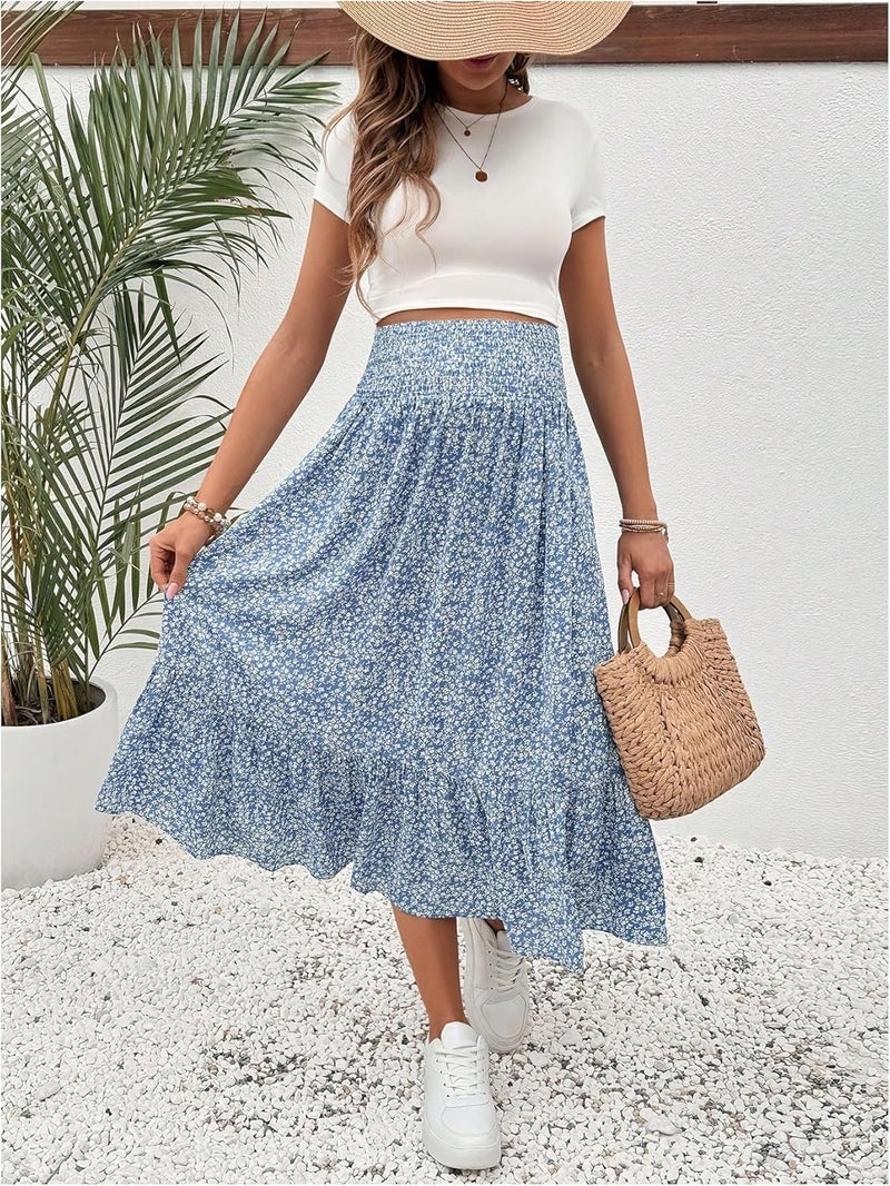 OYOANGLE Women's Maternity Floral Print Boho Midi Skirt Shirred High Waisted Flowy Casual Pregnancy Long Skirts - Image 5